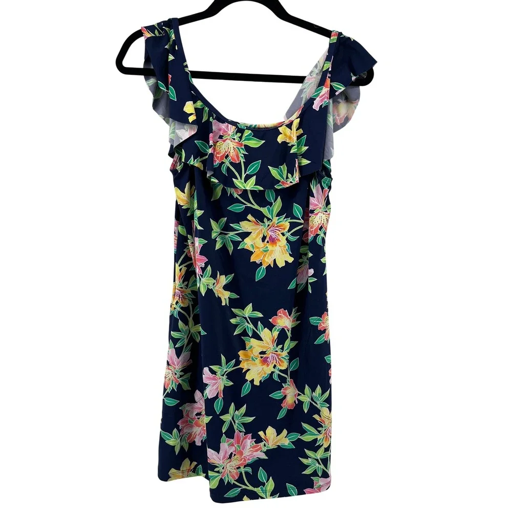 Tommy Bahama Womens Floral Ruffle Swim Dress Navy Blue SS500071‎ Size L